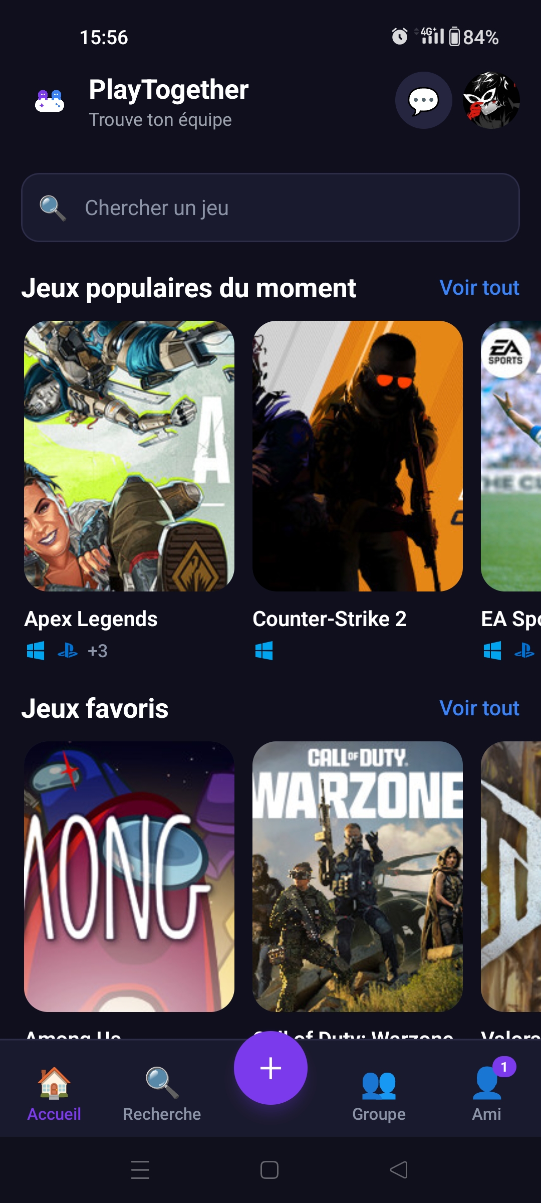 Écran d'accueil de l'application PlayTogether : recherche de jeux, jeux populaires et favoris
