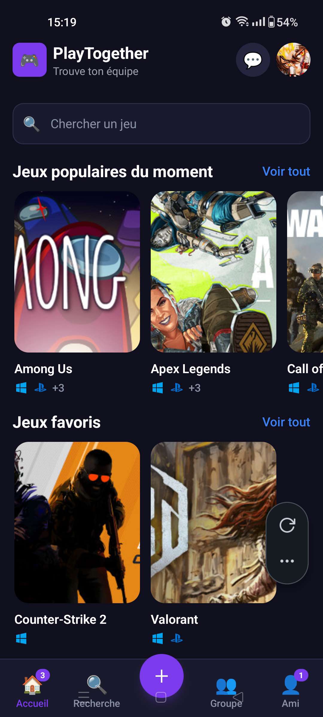 Écran d'accueil de l'application PlayTogether : recherche de jeux, jeux populaires et favoris